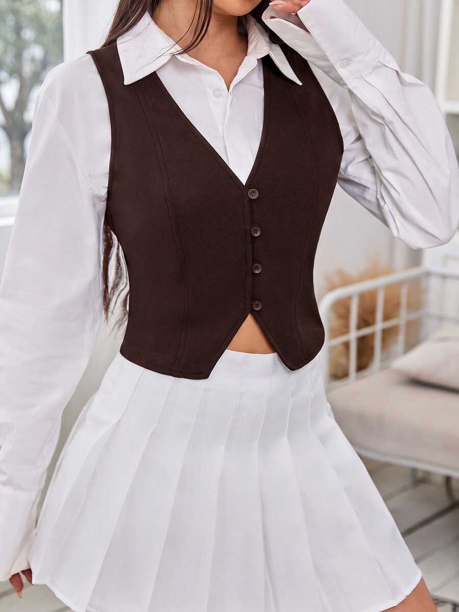SHEIN EZwear 秋冬款純色鈕扣前開襟背心(不含襯衫) - 棕色 - 查看 1