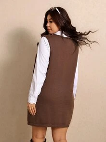 Elaquor Plus Size Sleeveless Vintage Dual Pocket Knit Dress Fall - Coffee Brown - View 2