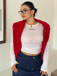Betty Boop x DAZY Curve Letter Print Versatile Skin-Tone Mesh White Base Layer T-Shirt, Spring/Autumn New Style - Beige - View 5