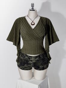 SHEIN ICON 復古 Y2K 軍綠色刷毛羅紋休閒女款大尺碼交叉 V 領黑色 T 恤 - 軍綠色 - 查看 3