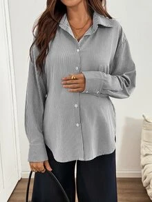 SHEIN 孕婦條紋休閒百搭日常穿著襯衫 - 黑與白 - 查看 5
