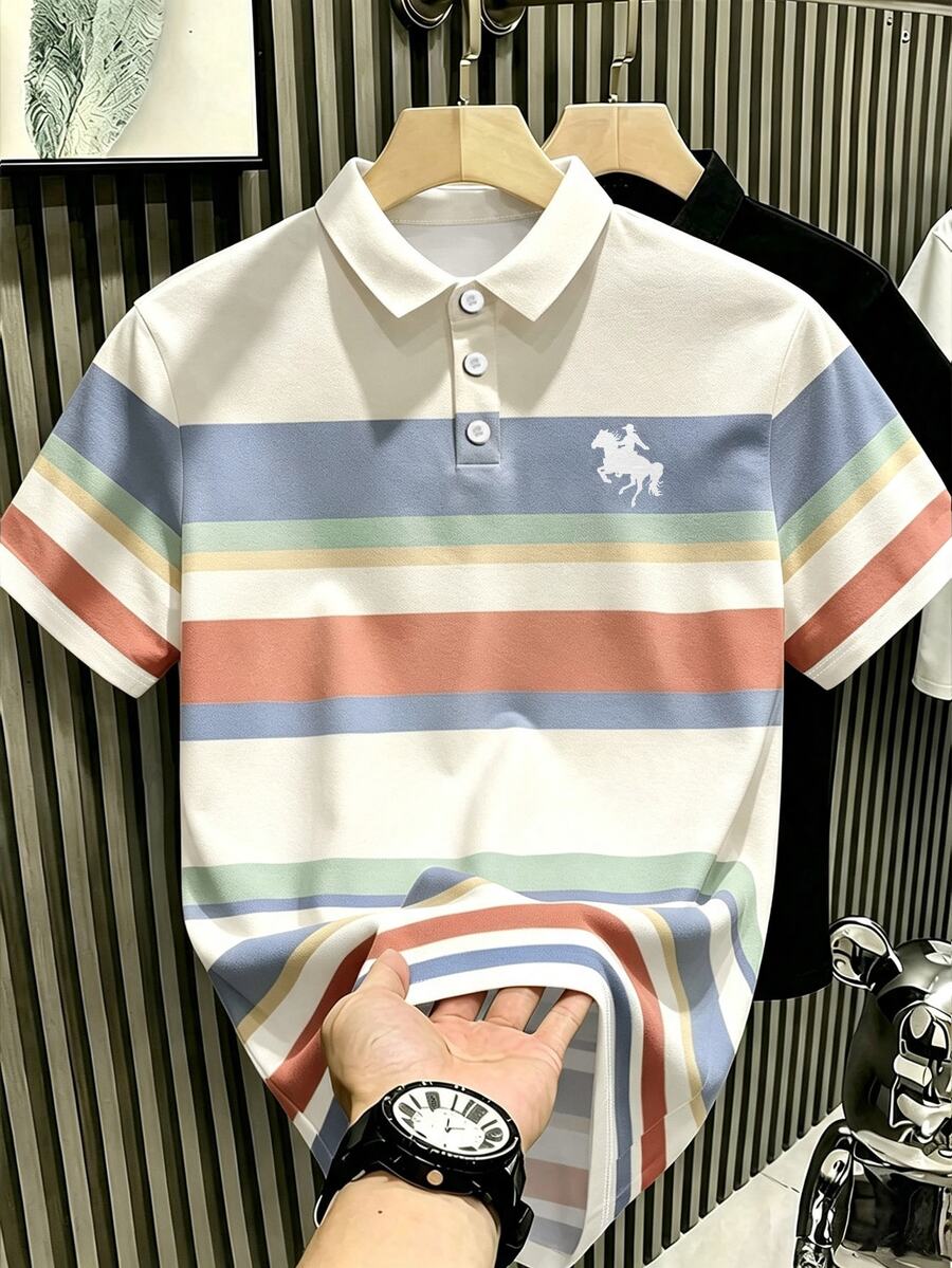 Manfinity Hypemode 美式復古經典風彩色條紋小馬Logo印花 Polo 衫,學院風休閒夏季上衣,男女款圖案 T 恤,適合日常穿著、休閒、度假,短袖 - 彩色 - 查看 1