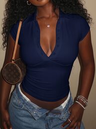 SHEIN SXY Chemise d'été décontractée grande taille couleur unie à demi-boutonnage