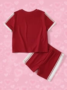 THE POWERPUFF GIRLS X SHEIN Baby Girl Cartoon Print T-Shirt And Shorts Set - Burgundy - View 2