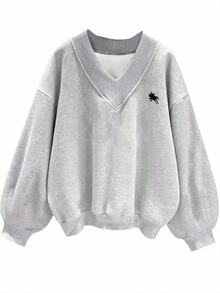 SHEIN EZwear 女款V領寬鬆大尺寸休閒極簡馬匹圖案衛衣，適合秋冬穿著 - 灰色 - 查看 1