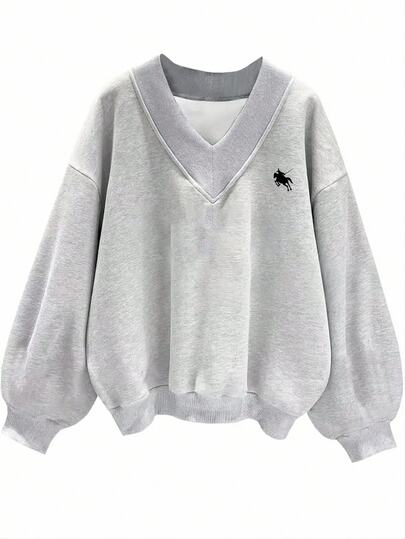 SHEIN EZwear Women's V-Neck Oversized Graphic Athleisure Streetwear Loose Casual Minimalist Horse Pattern Sweatshirt Autumn/Winter Everyday School Holiday Grey