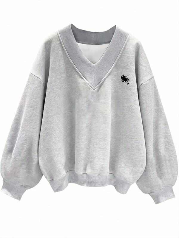 SHEIN EZwear Áo nỉ nữ cổ chữ V dáng rộng oversize thoải mái phong cách tối giản họa tiết ngựa, phù hợp cho mùa thu/đông