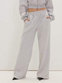 MUSEYN Grey Marl Elastic Waist Wide Leg Sweatpant Elegant Comfortable Casual Weekend Fall - Grey - View 2