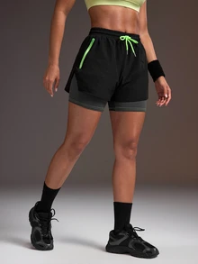 Powerista 女款黑色配灰綠對比縫線拉鍊口袋腰帶抽繩二合一短褲 - 黑色 - 查看 3