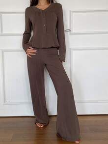 DAZY Autumn Elegant Textured Knit Waist-Cinching Ruffle Hem Women's Pajama Set - Brown - View 7