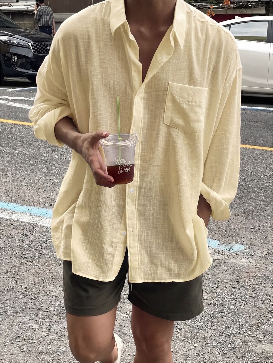 Neovey 男士休閒口袋單排扣長袖襯衫 - 杏色 - 查看 1