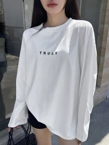 DAZY 女款字母印花休閒百搭長袖T恤，適合日常穿著，秋季寬鬆大尺寸女款T恤 - 白色 - 查看 7