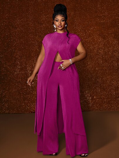 Maweii Large Size Women's New Knitted Texture Round Neck Sleeveless Hollow Design With Slit, Long And Wide Leg Floor Length Pants Two-Piece Set For Women