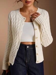 SHEIN BASICS Women's Solid Color Cable Knit Long Sleeve Button Up Casual French Basic Off-White Cardigan Work Office Brunch Outfits Autumn Back To School - White - View 3
