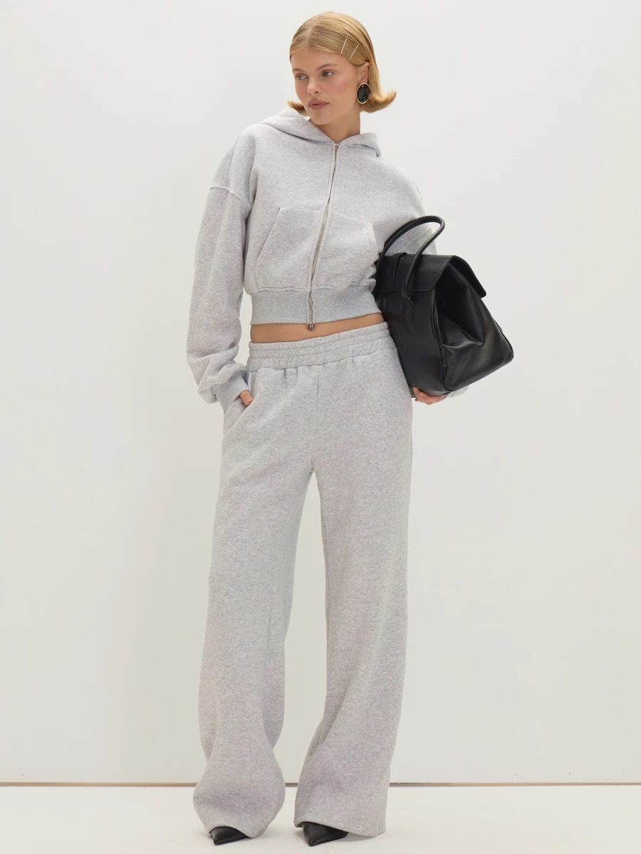 MUSEYN Grey Marl Elastic Waist Wide Leg Sweatpant Elegant Comfortable Casual Weekend Fall - Grey - View 1