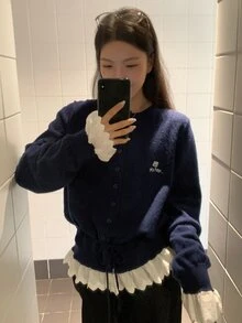 DAZY Women's Single-Breasted Casual Versatile Daily Long Sleeve Sweater Fall - Navy Blue - View 4