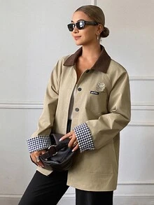 DAZY Women's Plaid Patchwork Casual Versatile Daily Commute Jacket Fall - Khaki - View 5