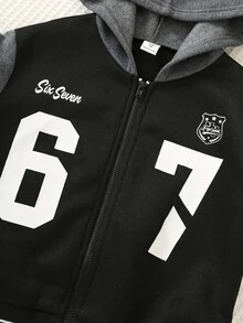 SHEIN 小男孩休閒百搭 67 號色塊拼接厚款連帽外套 - 黑色 - 查看 5