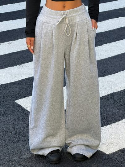 Muchica Damen Herbst/Winter Neue Graue Weite Taille Doppelt gefaltete Lässige Lockere Weite Bein Jogginghose