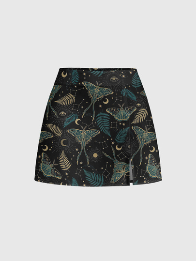 ROMWE Fairycore Hippie Butterfly Dark Sun Moon Star Mystical Forest Print Sexy Split Mini Skirt For Women