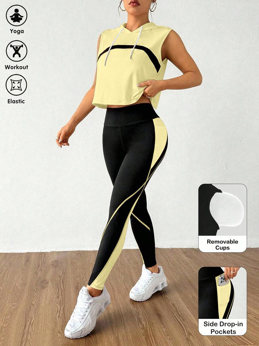 Eassivo Eassivo Women's Colorblock Drawstring Hooded Tank Top And Leggings Sports Set - Multicolor - View 1