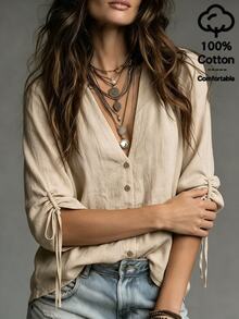 SHEIN Solid Color Distressed Texture V-Neck Button-Front Long Sleeve Shirt For Women, Single-Breasted Front, Shoulder Pleat Detail, Drawstring Cuffs To Shorten To Mid-Sleeve, Slim Fit, Minimalist Commuter Outerwear Blouse - Khaki - View 4