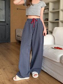 Dazy Kids 青少年女孩條紋抽繩腰休閒日常居家睡褲 - 藏蓝色 - 查看 5