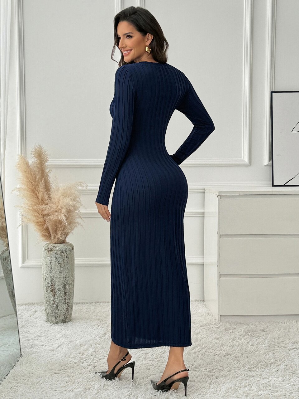Women's Round Neck Slim Fit Cinched Waist Bodycon Long Sleeve Dress, Striped Casual Relaxed Commuter Old Money Style