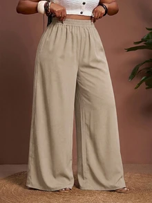 Veslaya Plus Size Casual Vacation Elastic Waist Loose Wide Leg Pants Fall - Apricot - View 5