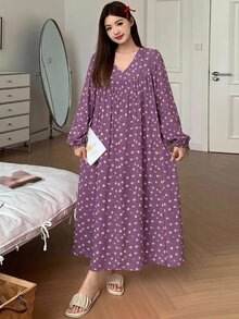 DAZY 碎花V領短袖洋裝 夏季女款睡裙 - 紫色 - 查看 4