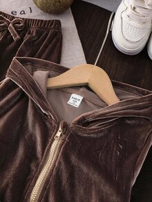 SHEIN Girls Velvet Hooded Long Sleeve Jacket And Pants Set, Suitable For Autumn/Winter, Fashionable And Versatile, Comfortable To Wear - Brown - View 3