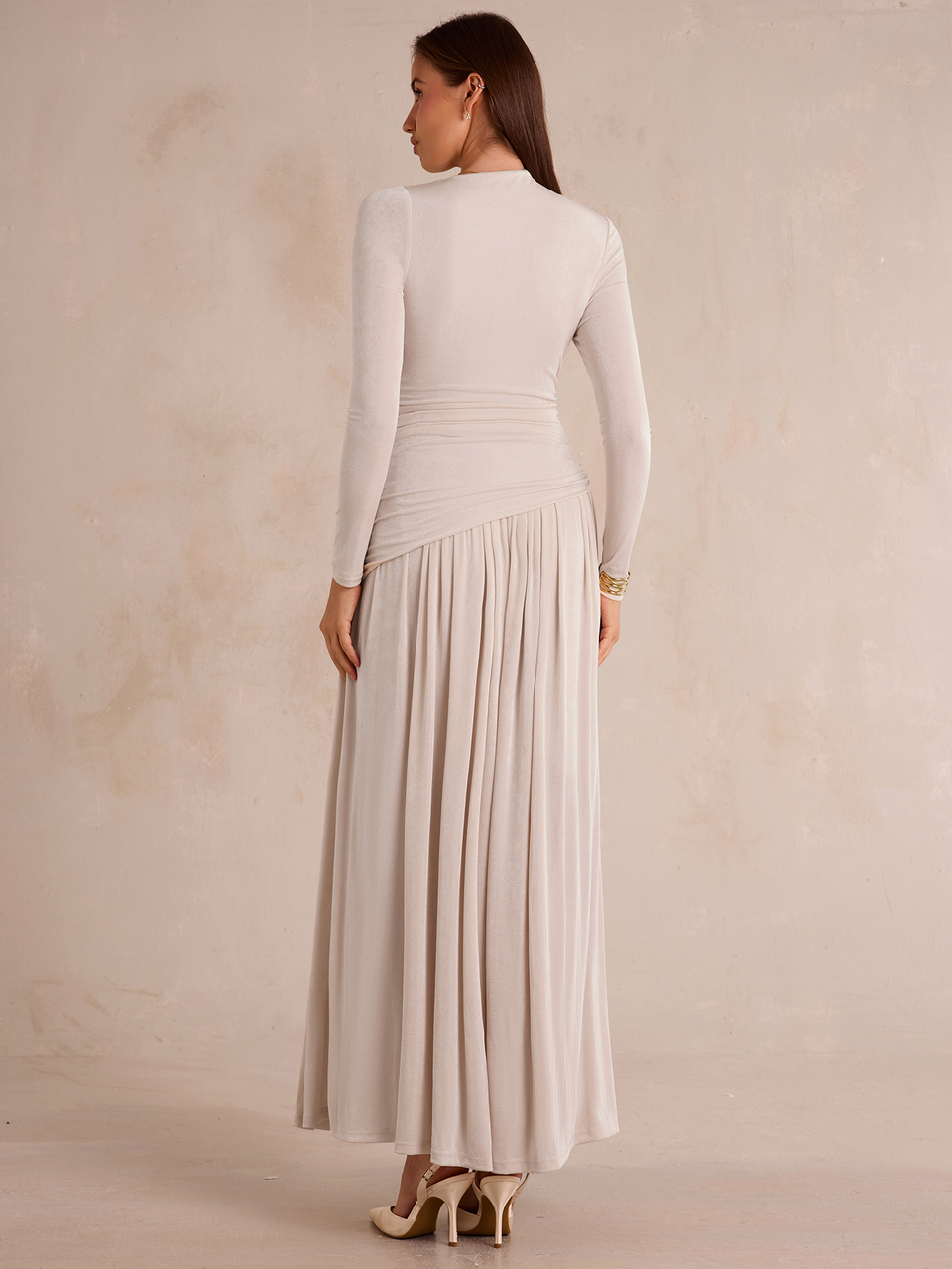Enchnt Premium Vestido Largo Casual Elegante de Mujer Romántico de Otoño, Tejido de Punto Plisado Asimétrico Color Caqui, Cumpleaños, Halloween, Regreso a Casa, Vestido de Noche de Lujo