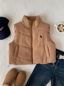 Comfortcana 女款短版馬術刺繡棉質填充背心外套 秋季女裝 工作穿搭 Y2K風格 - 紫紅色 - 查看 3