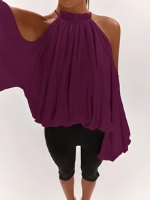 SHEIN BAE 女款純色露肩休閒百搭日常穿著襯衫 - 中紫紅色 - 查看 8