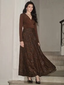 Anewsta Women's Elegant V-Neck Sequin Lace Maxi Dress - Brown - View 5
