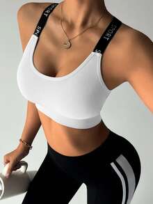 SHEIN Sports 女款字母印花撞色休閒日常運動內衣 - 白色 - 查看 3