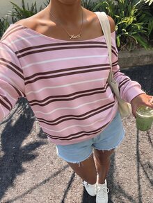 Veykashi 休閒極簡風拼色條紋學院風滿版印花大尺碼女款粉色露肩運動衫 - 彩色 - 查看 3