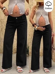 SHEIN 孕婦黑色口袋寬腿寬鬆休閒牛仔褲 - 黑色 - 查看 7