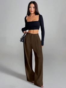 SHEIN 女款優雅法式通勤西裝長褲 - 咖啡棕 - 查看 3