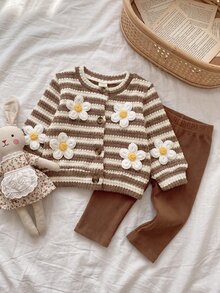 SHEIN Playful Pals 女童秋冬休閒羅紋針織前開扣花卉長袖彈性腰羅紋內搭褲套裝 - 棕色 - 查看 1