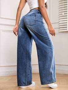 SHEIN PETITE Women's Casual Versatile Daily Travel Denim Jeans With Pockets And Buttons - Medium Wash - View 3