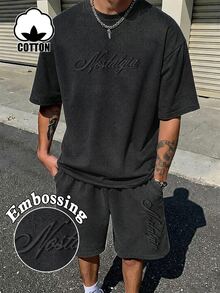 Manfinity Roughcore Men's Garment-Dyed Puff Print T-Shirt & Shorts Set, Casual Streetwear Two-Piece Outfit For Daily Wear, Fall Clothes, New Fall Styles - Black - View 1