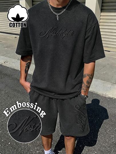 Manfinity Roughcore Men's Letter Graphic Short Sleeve T-Shirt And Shorts Casual Daily Outfit