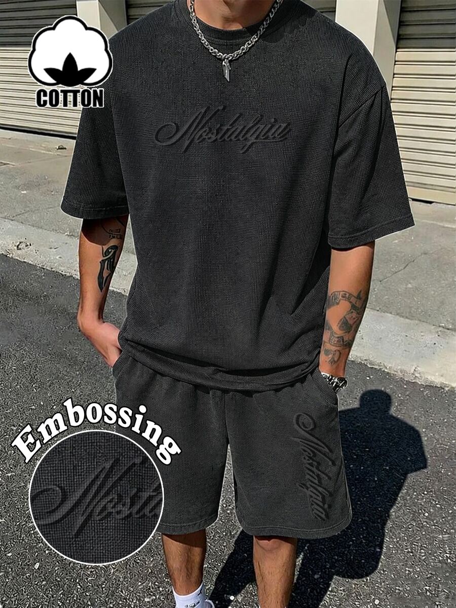 Manfinity Roughcore Men's Garment-Dyed Puff Print T-Shirt & Shorts Set, Casual Streetwear Two-Piece Outfit For Daily Wear, Fall Clothes, New Fall Styles - Black - View 1