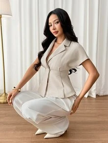 SHEIN PETITE 優雅簡約輕量杏色西裝外套，適合嬌小女性，職場穿搭首選 - 杏色 - 查看 5