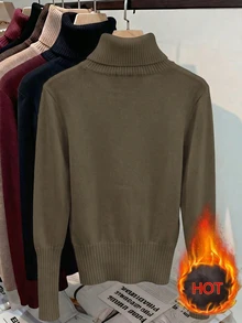 Franclia European & American Autumn/Winter Fashion All-Match Versatile High Neck Thick Fleece One-Piece Slim Fit Long Sleeve Knit Inner Layer Base Layer - Mocha Brown - View 2
