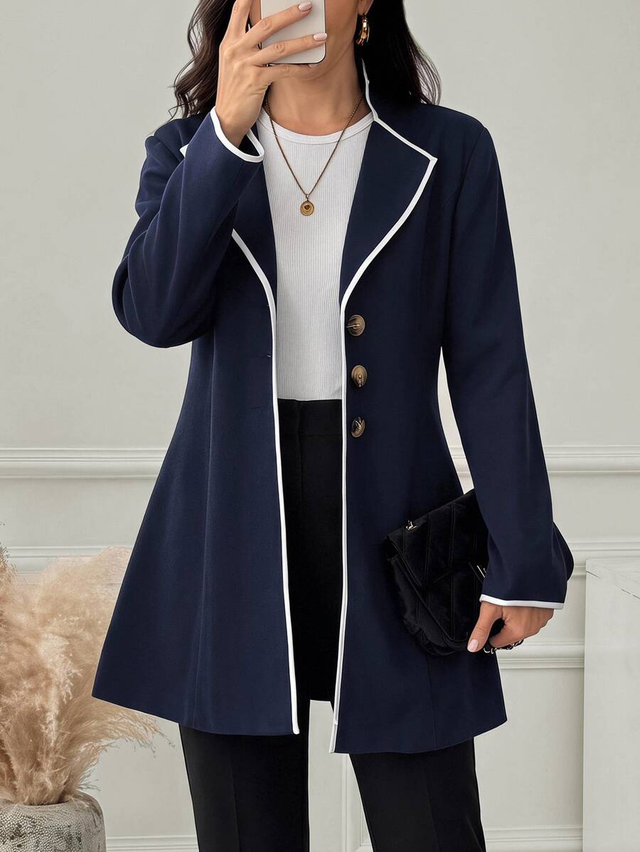 Medorina Mantel Wanita Bergaya Colorblock, Elegan, Preppy, Serbaguna untuk Pemakaian Sehari-hari, Kantor, Biru Tua, Musim Gugur - Navy Blue - View 1