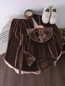 SHEIN Girls Velvet Hooded Long Sleeve Jacket And Pants Set, Suitable For Autumn/Winter, Fashionable And Versatile, Comfortable To Wear - Brown - View 2
