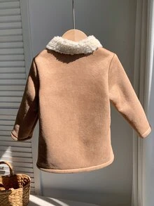 SHEIN 男女嬰兒/幼兒秋冬保暖內裡加厚翻領麂皮外套夾克，嬰兒冬季外套，保暖加厚填充外套 - 卡其色 - 查看 2
