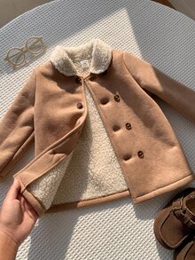 SHEIN 男女嬰兒/幼兒秋冬保暖內裡加厚翻領麂皮外套夾克，嬰兒冬季外套，保暖加厚填充外套 - 卡其色 - 查看 5
